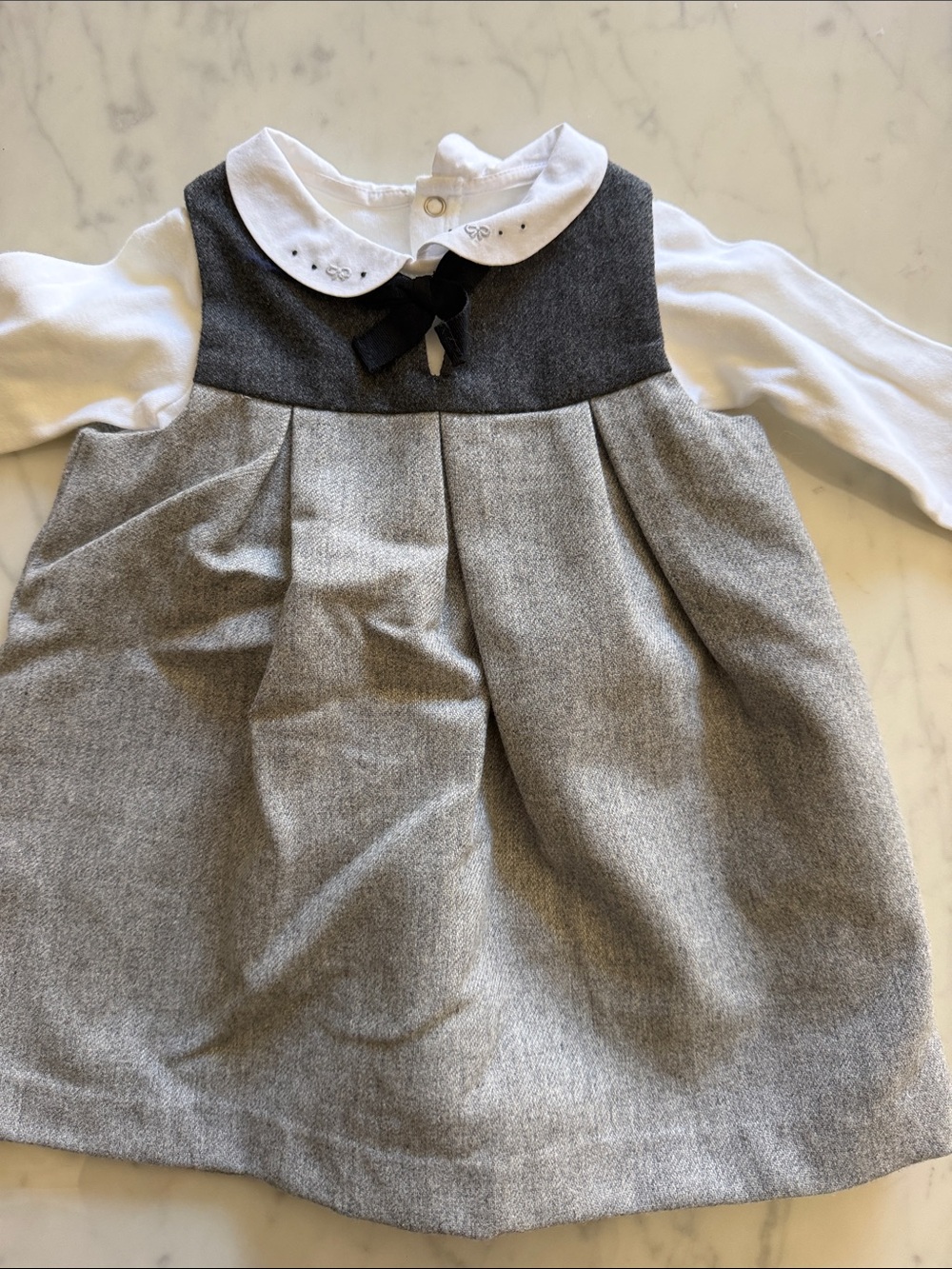 Jacadi Girls Grey Bow-Accent Dress with white body suit